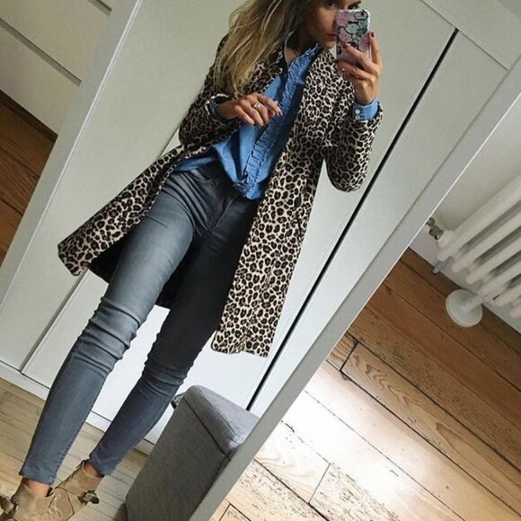 🔥🐾🔥Beautiful Coffee Black Animal Print Coat Jacket Cardigan Faux Leather Trim - Picture 7 of 12